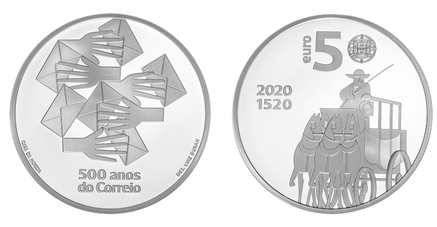 Portogallo 5€ 500 anni delle Poste del Portogallo 2020 Argento Proof